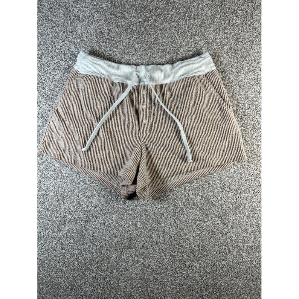 American Eagle AE Lounge Waffle Knit Striped Shorts Brown White Medium